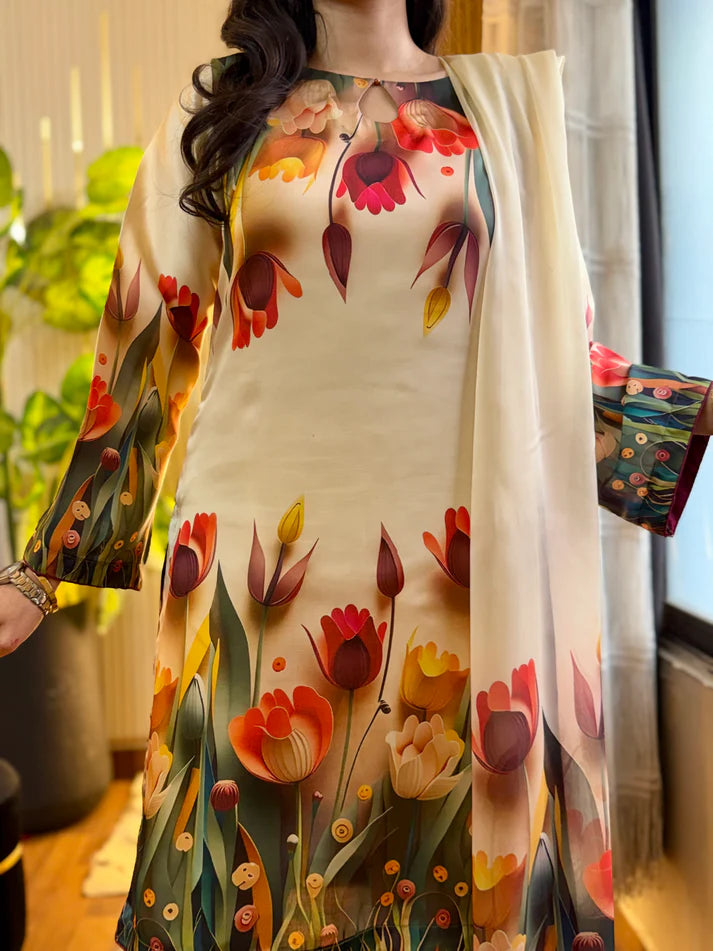 Most Trending Digital Print Silk 3 pcs (3D FLOWERS)