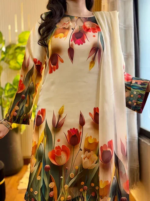 3D Flower printed 3 Pcs Suit