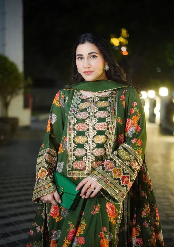 Viral Embroidered 3 Pcs Suit (Green)